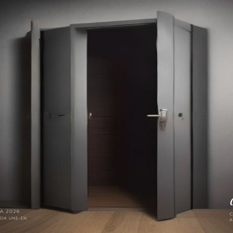 Caja fuerte Arcas Ollé en Madrid con puerta entreabierta mostrando su blindaje y bulones de acero en un despacho de lujo.