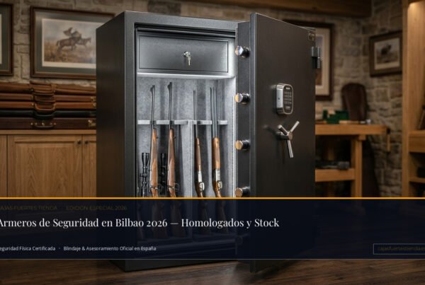 Armero de seguridad homologado con puerta entreabierta mostrando blindaje en Bilbao