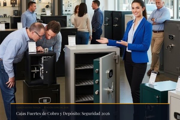 Caja fuerte de cobro y depósito con puerta entreabierta mostrando blindaje de acero en despacho de lujo