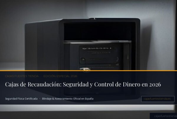 Caja de recaudación de alta seguridad con puerta entreabierta mostrando blindaje y bulones de acero en despacho exclusivo.
