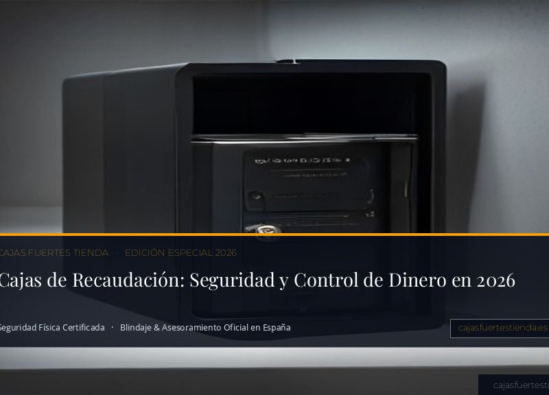 Caja de recaudación de alta seguridad con puerta entreabierta mostrando blindaje y bulones de acero en despacho exclusivo.
