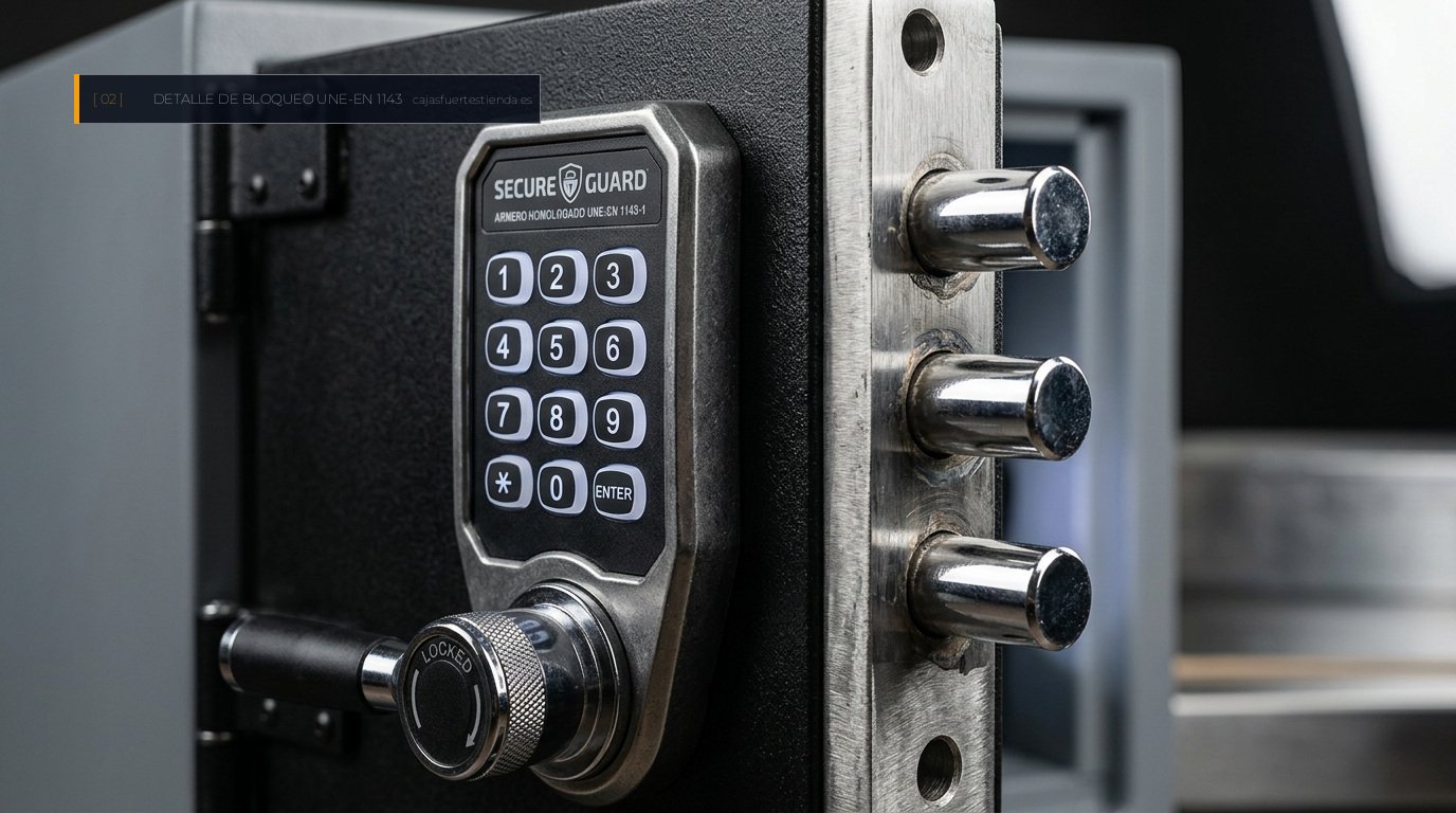 Detalle de cerradura digital y pestillos macizos en armero homologado